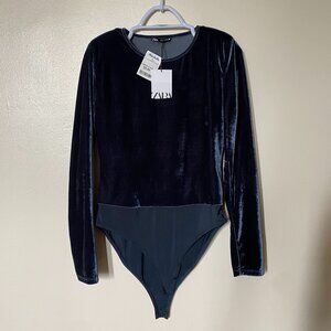NWT Zara Slate Blue Velvet Body Suit Sz L